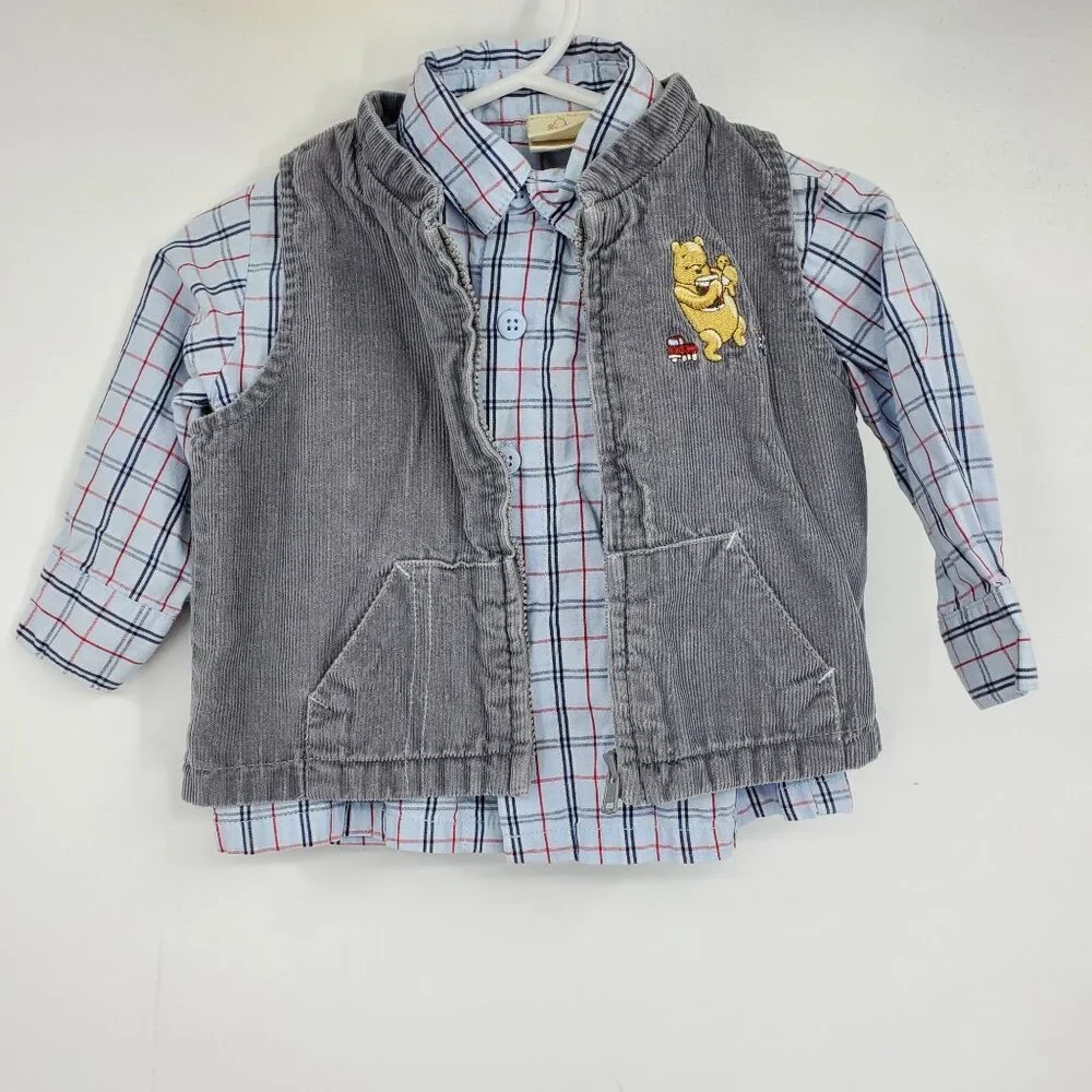 Disney Classic Pooh Plaid Button Down Shirt and Corduroy Vest‎ Size 9 Month
